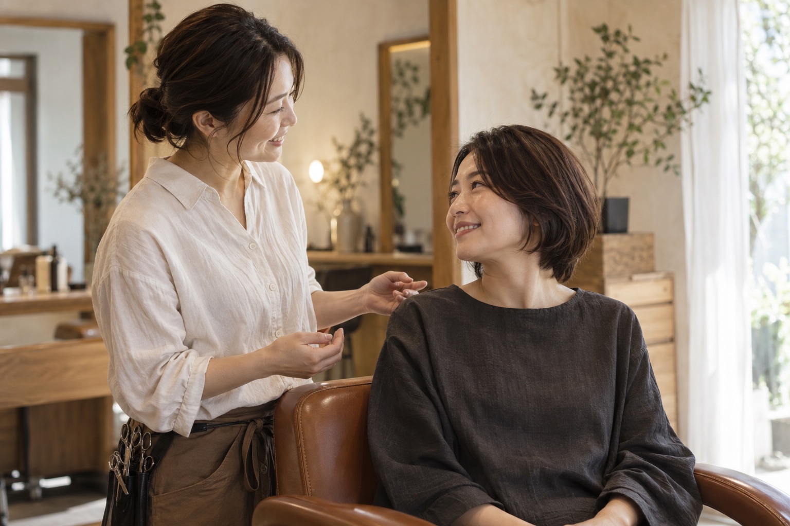 サロンでお客様と会話する美容師
